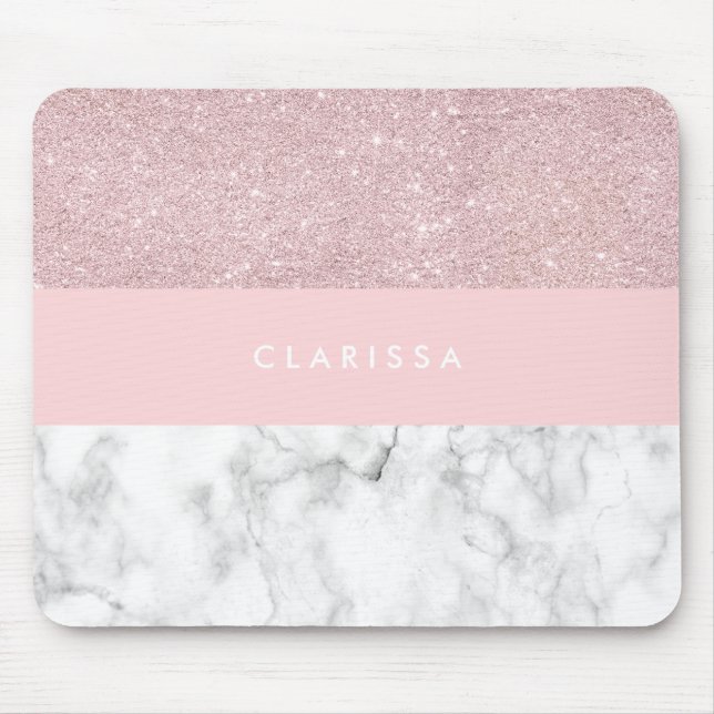 Eleganter girly RosengoldGlitter u. weißer Marmor Mousepad (Vorne)