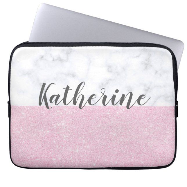 Eleganter girly RosengoldGlitter-Weißmarmor Laptopschutzhülle (Vorderseite)