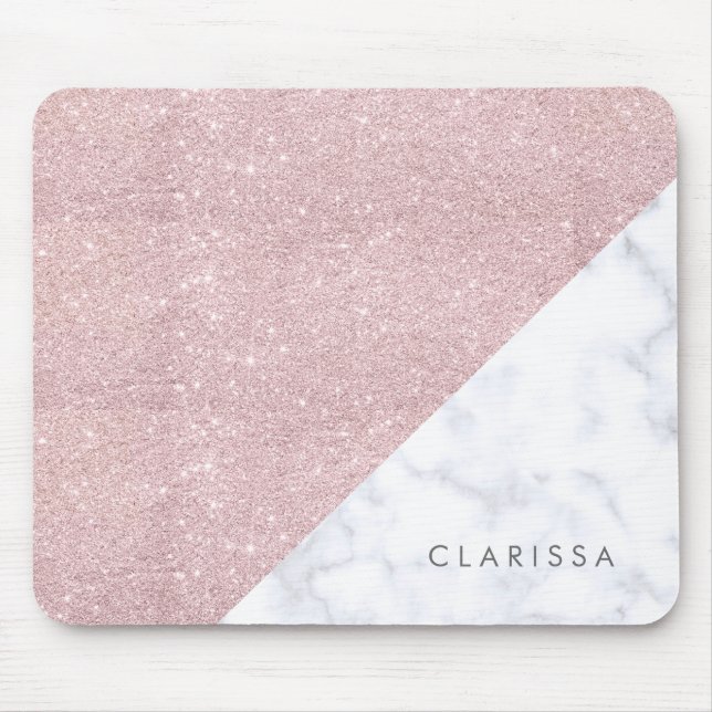 Eleganter girly RosengoldGlitter-Weißmarmor Mousepad (Vorne)