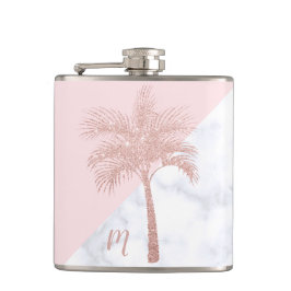 Eleganter girly RosengoldGlitterpalmen-Weißmarmor Flachmann