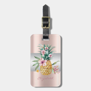 Eleganter Girly Stripe, Ananas-Blüte Rose Gold Gepäckanhänger