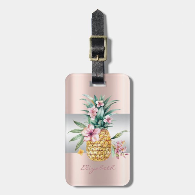 Eleganter Girly Stripe, Ananas-Blüte Rose Gold Gepäckanhänger (Vorderseite vertikal)