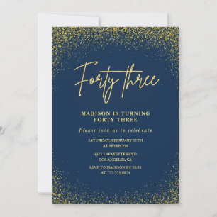 Eleganter Glam Navy Gold Glitter 43. Geburtstag Einladung