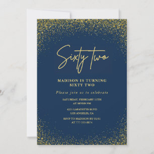 Eleganter Glam Navy Gold Glitter 62. Geburtstag Einladung