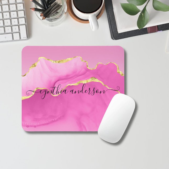 Eleganter Glam Pink & Gold Agate Stone Friseur Mousepad (Von Creator hochgeladen)