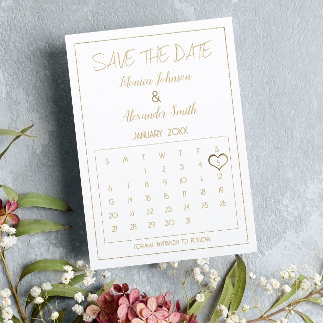 Eleganter Glam White Gold Kalender Save the Date Ankündigungspostkarte (Elegant Glam White Gold Calendar Save the Date )