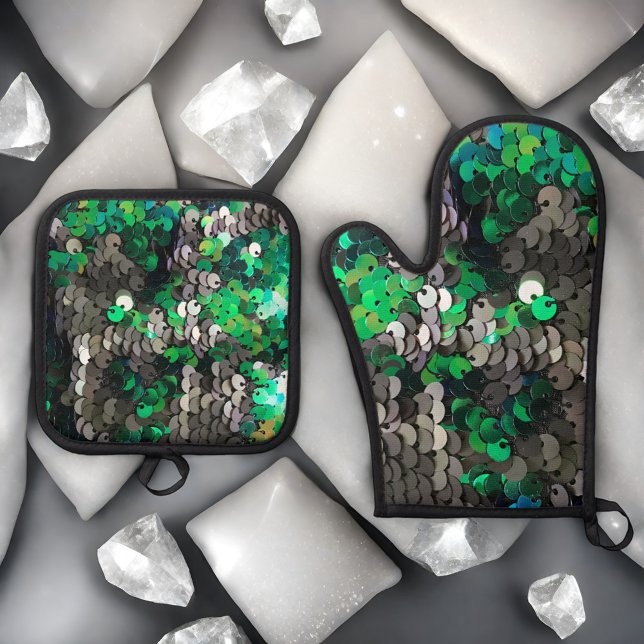 Eleganter glänzender Glamour Grüntöne graue Platte Ofenhandschuh & Topflappen-Set (Von Creator hochgeladen)