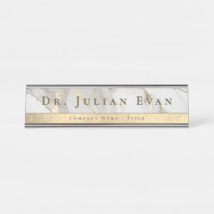 Eleganter glänzender Gold-Luxus Weiß-Achat-Marmor Schreibtischnamensplakette