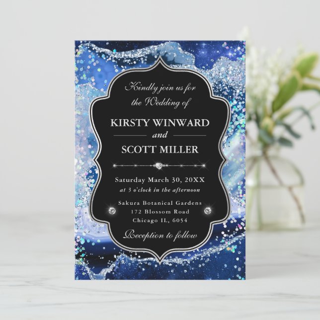 Eleganter Glitter Achat Blau & Silber Hochzeit Einladung (Stehend Vorderseite)