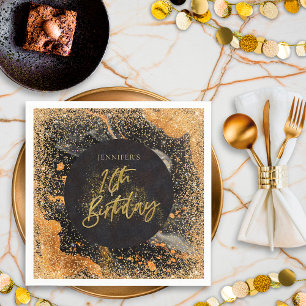 Eleganter Glitzer 16. Schwarz und Gold Geburtstag Serviette