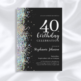 Eleganter Glitzer Black 40. Geburtstag Party Einladung