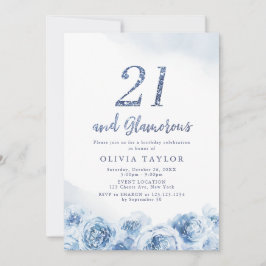 Eleganter Glitzer Blau Blumenschrift 21. Geburtsta Einladung