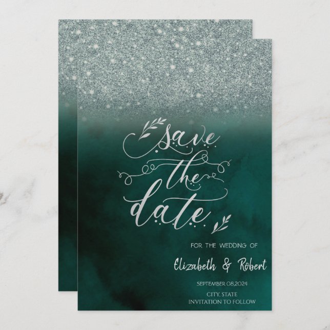 Eleganter Glitzer Bokeh Green Save the Date (Vorne/Hinten)