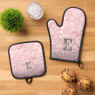 Eleganter Glitzer Bokeh Monogram Ofenhandschuh & Topflappen-Set