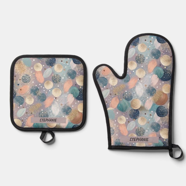 Eleganter Glitzer Dot & Brushstroke Abstrakt Ofenhandschuh & Topflappen-Set (Vorderseite)