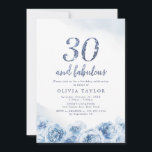 Eleganter Glitzer-Drehbuch Blau Blumen 30. Geburts Einladung<br><div class="desc">Moderne schicke Imitate blauer Glitzer "30 und fabelhaft" Drehbuch,  trendige eisblaue Aquarell Blumendesign,  elegant und stilvoll,  großartige 40. Geburtstag Party Einladungen.</div>