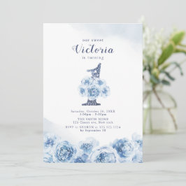 Eleganter Glitzer-Drehbuch blau floral 1. Geburtst Einladung