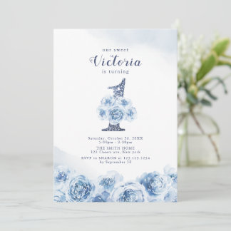 Eleganter Glitzer-Drehbuch blau floral 1. Geburtst Einladung