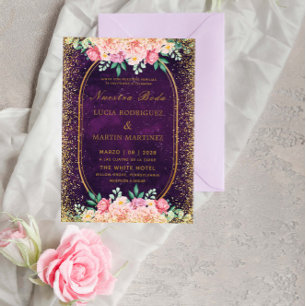 Eleganter Glitzer Floral Gold Lila Nuestra Boda Einladung