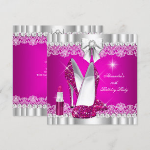 Eleganter Glitzer Glamour Hot Pink Hi Heelses Lips Einladung