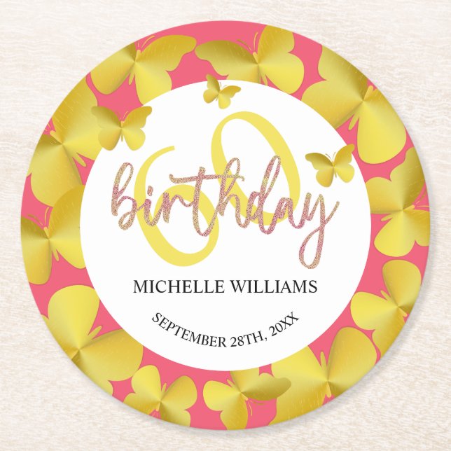 Eleganter Glitzer Gold Butterfly Calligrafy Runder Pappuntersetzer (Vorderseite)