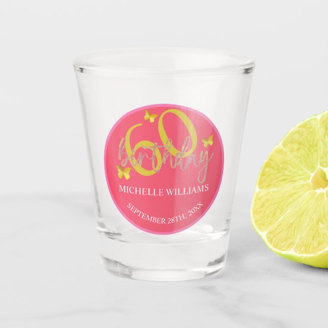 Eleganter Glitzer Gold Butterfly Calligrafy Schnapsglas (Vorderseite)