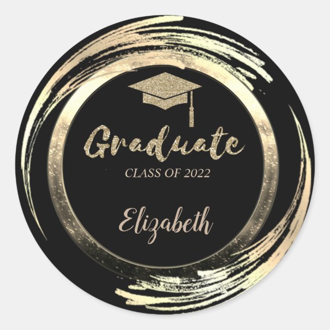 Eleganter Glitzer Gold Grad Cap, Black Runder Aufkleber (Vorderseite)