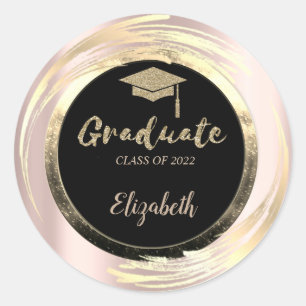 Eleganter Glitzer Gold Grad Cap, Schwarz, Rose Gol Runder Aufkleber