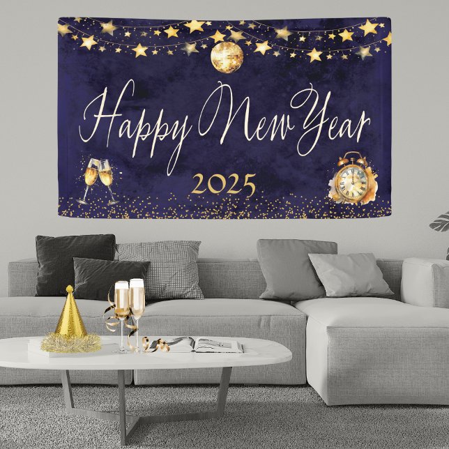 Eleganter Glitzer Gold Happy New Year Party Banner (Elegant New Year’s Banner – Watercolor Blue & Gold with Disco Ball, Stars & Champagne Glasses)