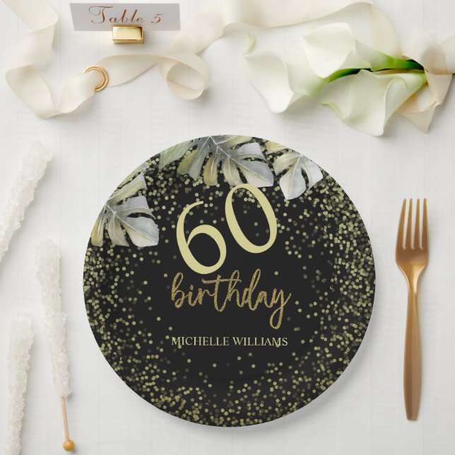 Eleganter Glitzer Gold Palm Calligraphy Geburtstag Pappteller (Hochzeit)