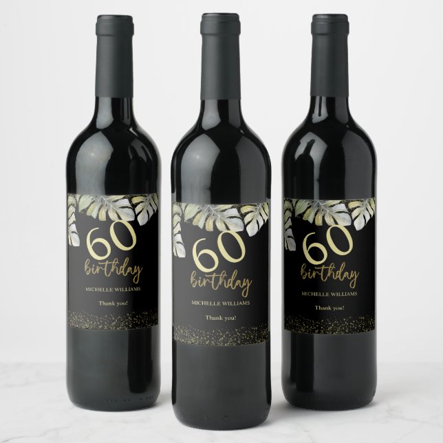 Eleganter Glitzer Gold Palm Calligraphy Geburtstag Weinetikett (Flaschen)