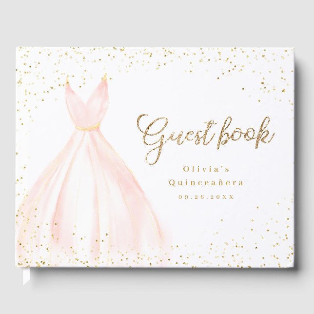 Eleganter Glitzer Gold und rot Kleid quinceañera Gästebuch (Vorderseite)