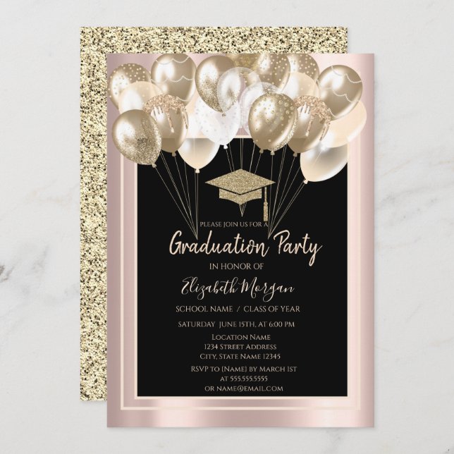 Eleganter Glitzer Grad Cap, Balloons Rose Gold Einladung (Vorne/Hinten)