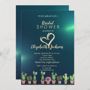 Eleganter Glitzer Heart Cactus Green Brautparty Einladung