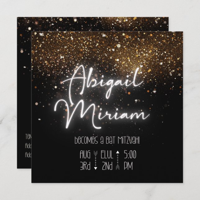 Eleganter Glitzer Hebrew Bat Mitzvah Einladung (Vorne/Hinten)