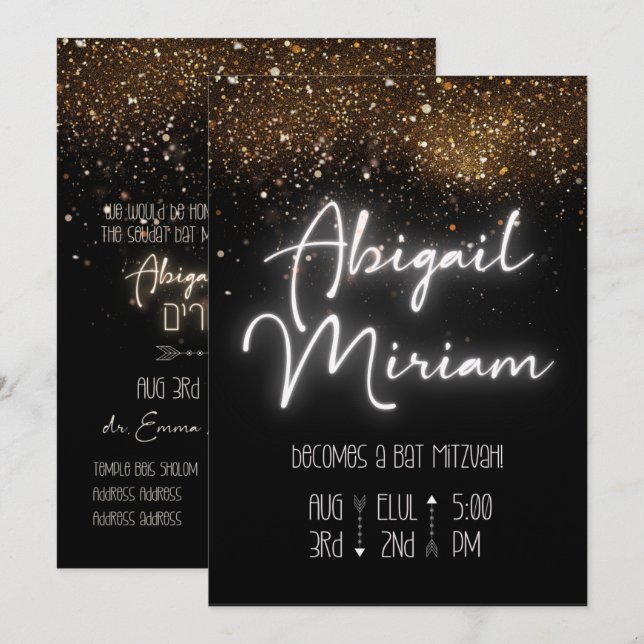 Eleganter Glitzer Hebrew Bat Mitzvah Einladung (Vorne/Hinten)