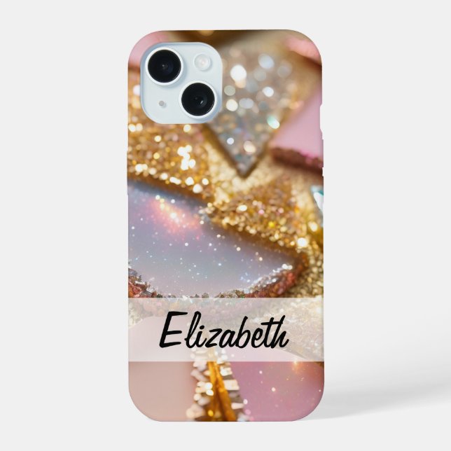 Eleganter Glitzer in Rosa, Blau, Gold und Silber iPhone 15 Hülle (Rückseite)