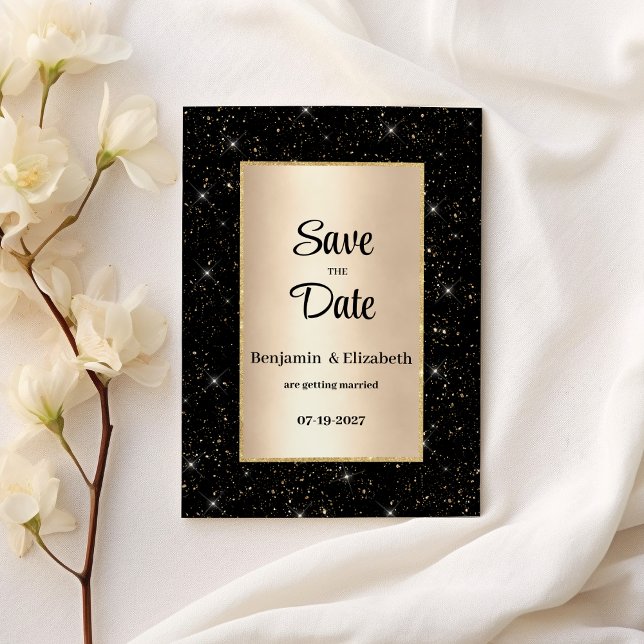 Eleganter Glitzer-Konfetti Save the Date Einladung (Elegant black gold glitter confetti Save the Date)