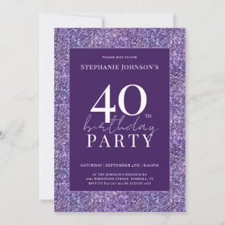 Eleganter Glitzer Lila 40. Geburtstag Party Einladung