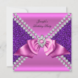 Eleganter Glitzer Lila Pink Diamond Bow Geburtstag Einladung