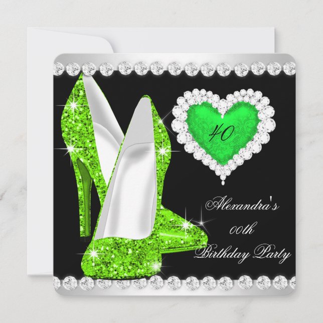 Eleganter Glitzer Lime Green Heart Shoes Geburtsta Einladung (Vorderseite)