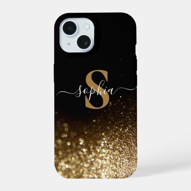 Eleganter Glitzer mit Monogramm Name iPhone 15 Hülle (Rückseite)