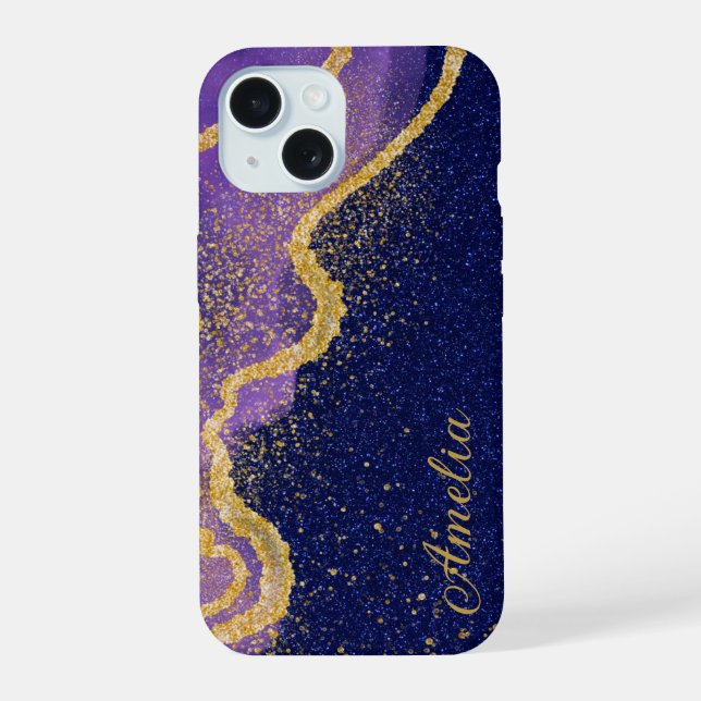 Eleganter Glitzer mit Monogramm Name iPhone 15 Hülle (Rückseite)