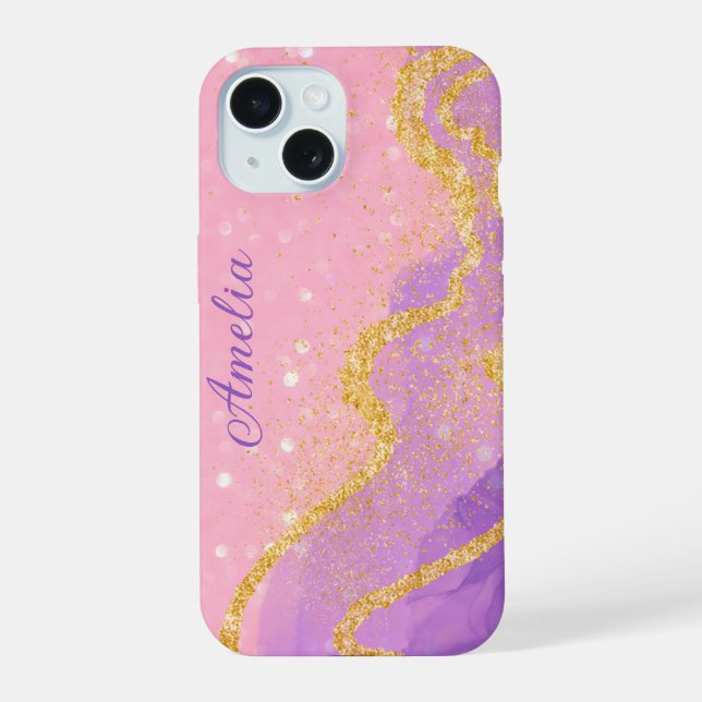 Eleganter Glitzer mit Monogramm Name iPhone 15 Hülle (Rückseite)