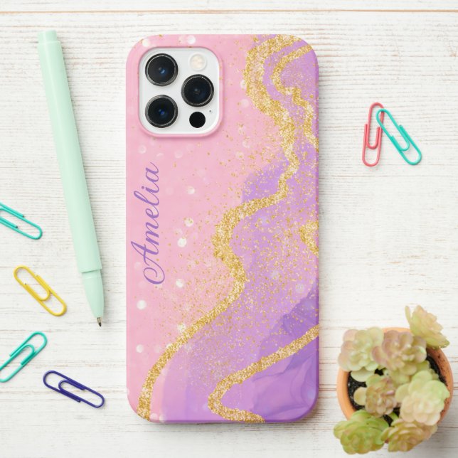 Eleganter Glitzer mit Monogramm Name iPhone Hülle (Auf dem Schreibtisch)