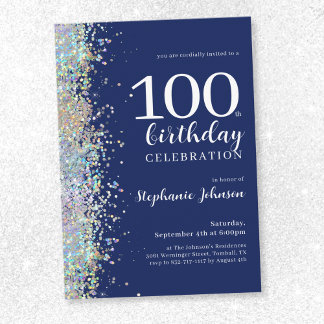 Eleganter Glitzer Navy Blue 100. Geburtstag Einladung