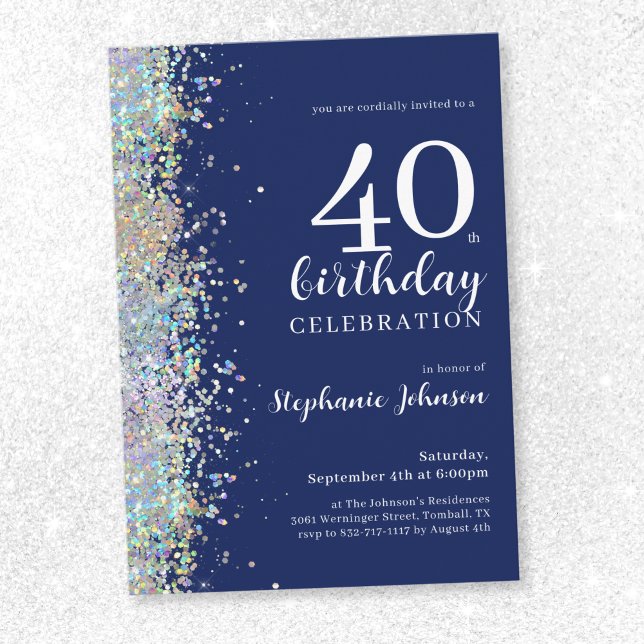 Eleganter Glitzer Navy Blue 40. Geburtstag Einladung (Elegant Glitter Navy Blue 40th Birthday Invitation)