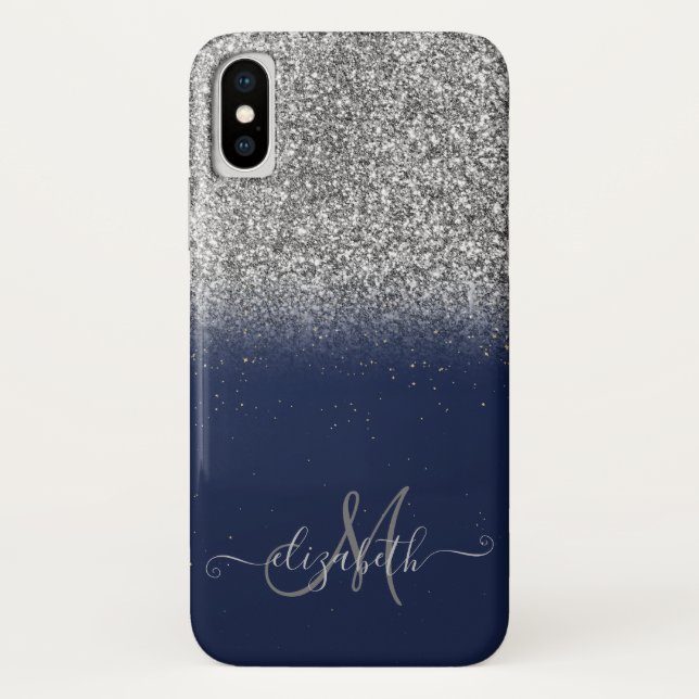 Eleganter Glitzer Ombre Silver Monogram Navy Blue Case-Mate iPhone Hülle (Rückseite)