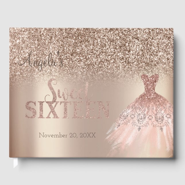 Eleganter Glitzer Rose Gold Dress Bokeh Sweet 16 Gästebuch (Vorderseite)