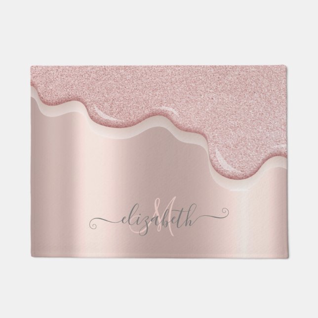 Eleganter Glitzer Rose Gold Tropfen Monogramm Fußmatte (Vorderseite)